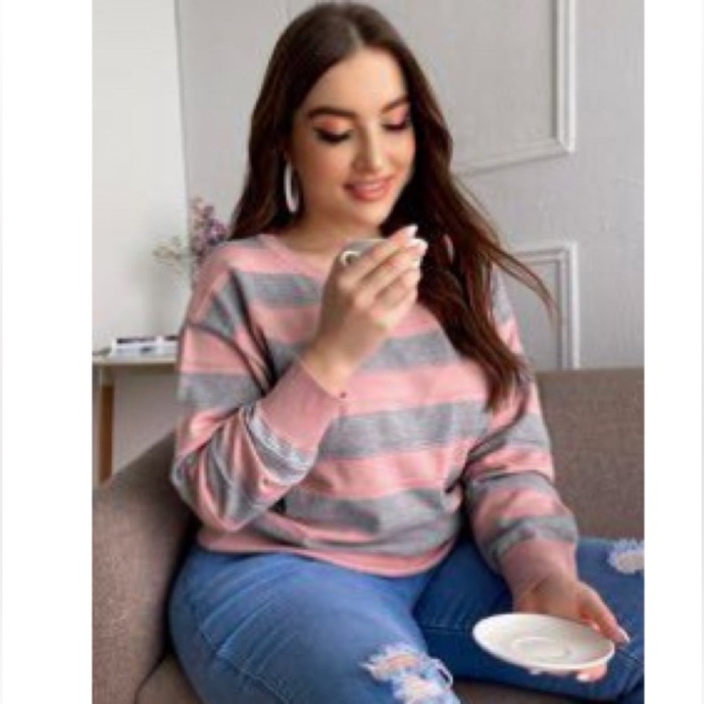 SHEIN Pink Striped Gray Drop Shoulder Sweater Size 3XL.